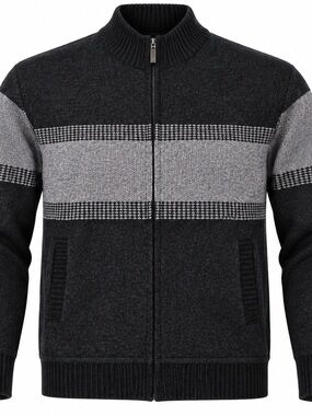 Men's Full-Zip Charcoal and Light Gray Stripe Sweater
